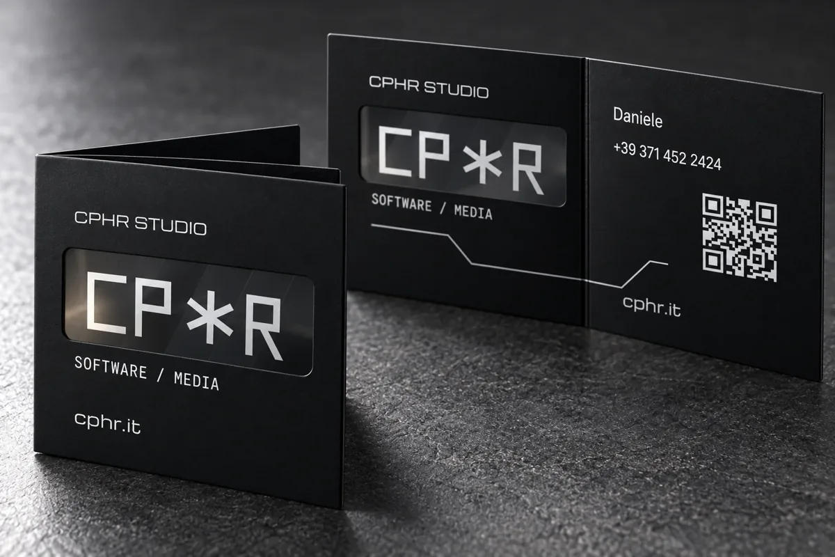 Render concept di REVEAL, il biglietto da visita di CPHR Studio: cartoncino nero piegato con finestrella fumé e logo CP*R