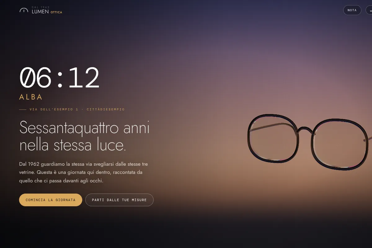 Concept Ottica Lumen: l’alba alle 06:12 con un occhiale in 3D sospeso nel cielo