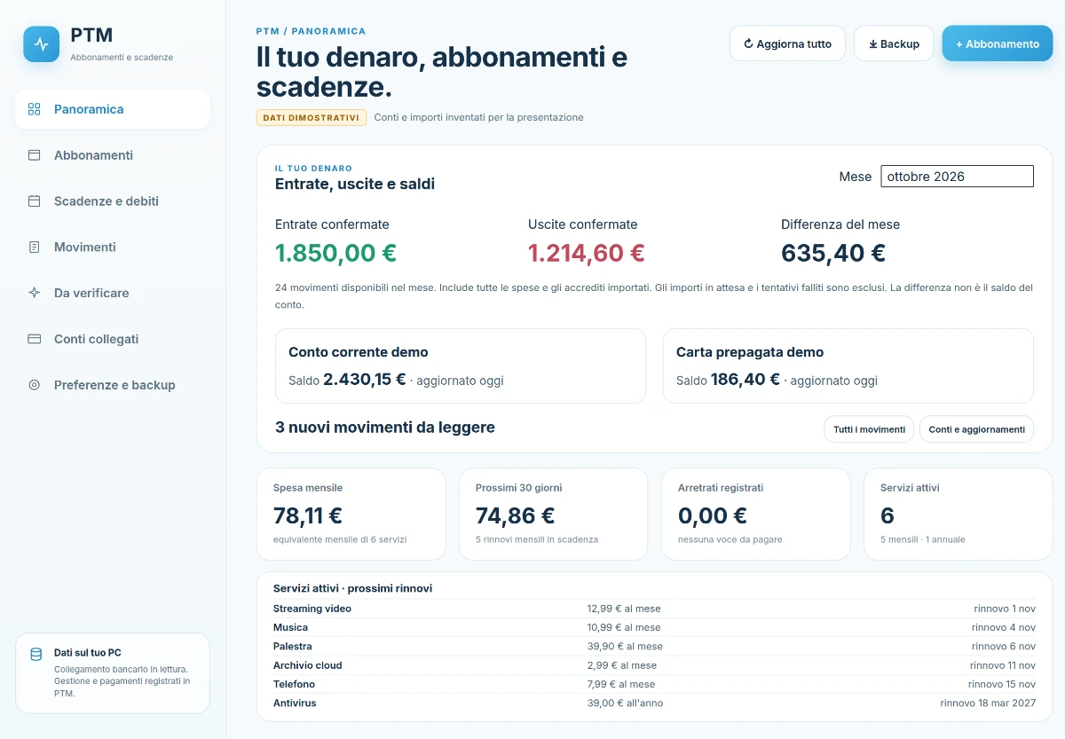 PTM, app desktop per abbonamenti e scadenze